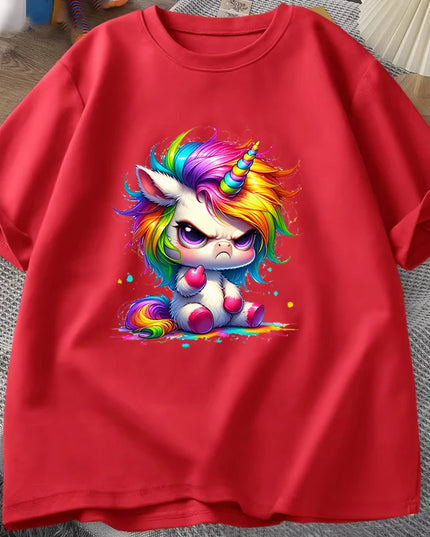 Roter Einhorn Hoodie mit dynamischem Cartoon-Einhorn-Druck, kurzärmlig und ideal für einen auffälligen Look