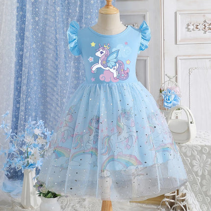 Einhorn Kleid für Mädchen mit buntem Regenbogen- und Einhorn-Motiv, kurzärmlig und knielang, perfekt für den Sommer.