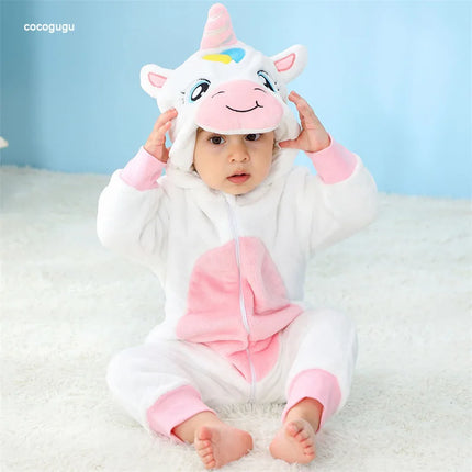Weißer Einhorn Baby Strampler aus Flanell für Jungen und Mädchen, mit Kapuze und Reißverschluss