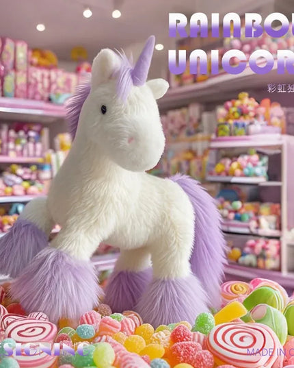 Verträumtes Regenbogen Einhorn Kissen aus weichem Plüsch (12/25cm) in Weiß oder Lila, ideal zum Kuscheln