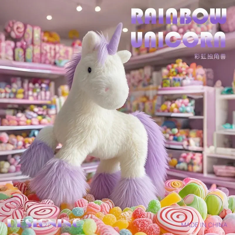 Verträumtes Regenbogen Einhorn Kissen aus weichem Plüsch (12/25cm) in Weiß oder Lila, ideal zum Kuscheln