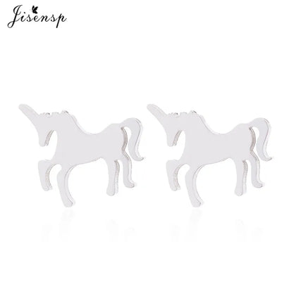 Ein Paar silberne Einhorn Ohrringe mit Push-back-Verschluss aus Edelstahl, im Tier-Design