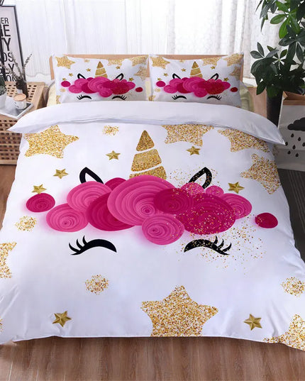 Leuchtendes Einhorn Bettwäsche-Set mit farbenfrohem 3D-Cartoon-Tier-Muster, weich und magisch