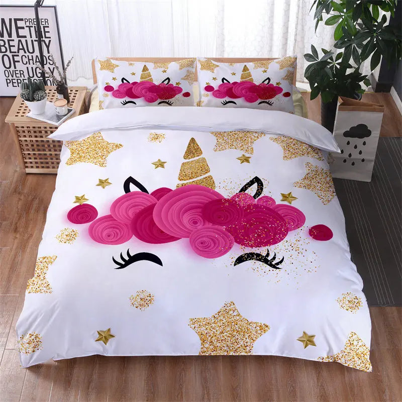 Leuchtendes Einhorn Bettwäsche-Set mit farbenfrohem 3D-Cartoon-Tier-Muster, weich und magisch
