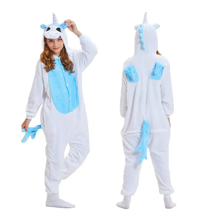 Blauer Einhorn Onesie aus Flanell für Kinder mit Kapuze, ideal für gemütliche Spielstunden und als Pyjama.