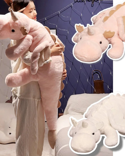 Riesiger weißer Drache aus Plüsch mit Einhorn-Horn und Flügeln, perfekt als Kuscheltier und Decke