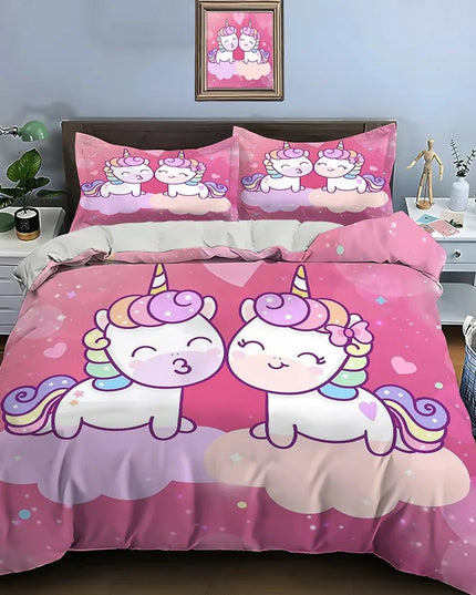 Süße Cartoon Einhorn Bettwäsche mit einem lächelnden Einhorn-Print, umgeben von Sternen und Wolken.