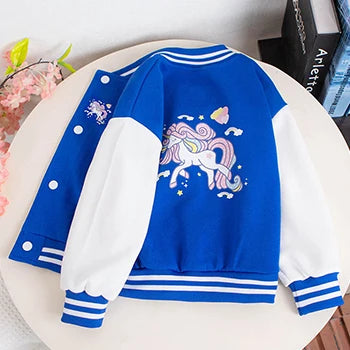 Einhorn Jacke im Baseball-Stil für Mädchen mit Einhorn-Cartoon-Motiv in Blau für den Herbst