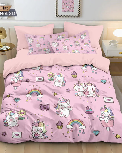 Einhorn Bettwäsche Set mit niedlichem Cartoon-Einhorn-Print auf hellem Hintergrund, aus 100% Polyester für dein gemütliches Bett.