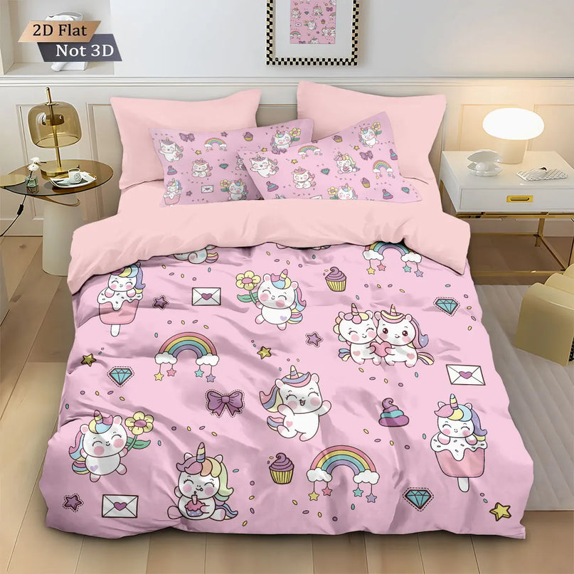 Einhorn Bettwäsche Set mit niedlichem Cartoon-Einhorn-Print auf hellem Hintergrund, aus 100% Polyester für dein gemütliches Bett.