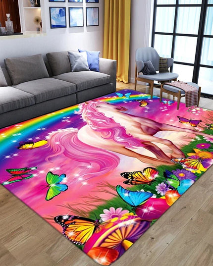 Einhorn Teppich mit Regenbogen und Schmetterlingen, bunte 3D-Druckmatte für Kinderzimmer