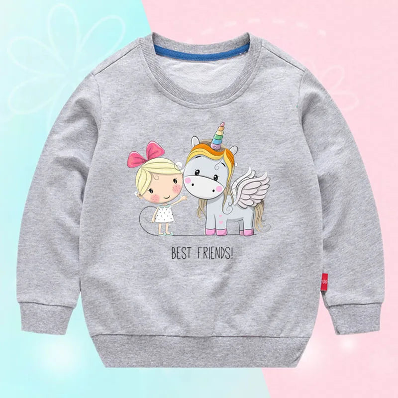 Einhorn Pullover in Grau Melange für Mädchen mit einem niedlichen Einhorn-Motiv und langen Ärmeln