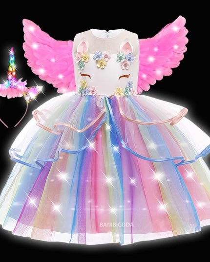 Glitzerndes Einhorn Nachtlicht Kleid mit LED-Lichtern für Kinder, perfekt für Partys und Verkleidungen