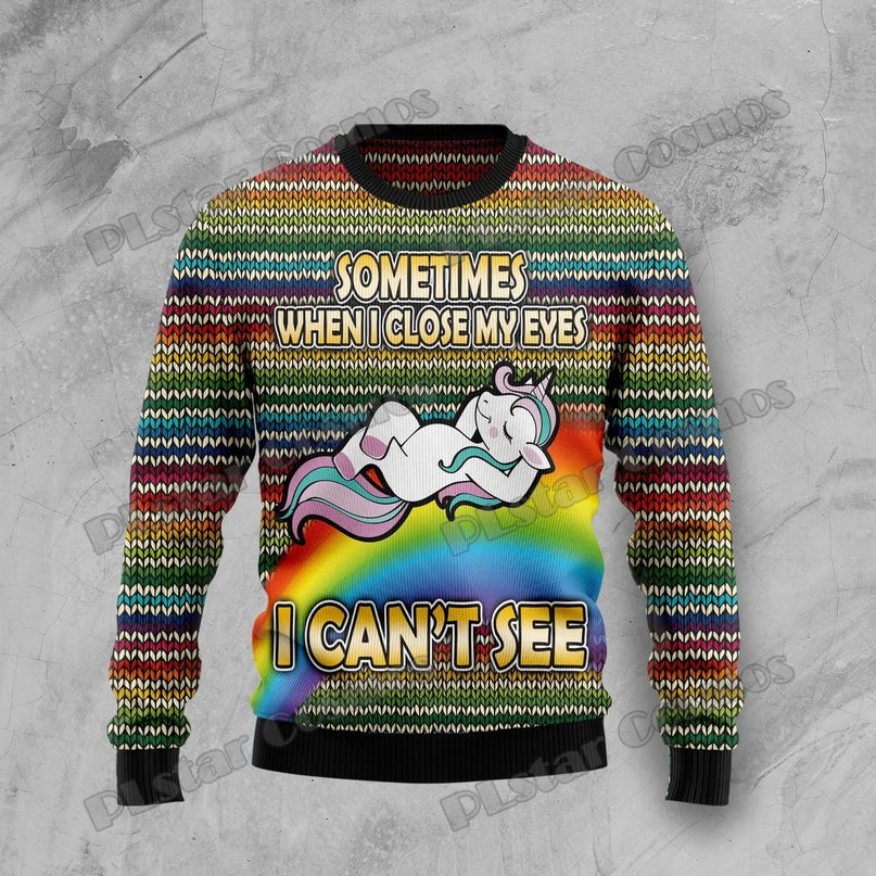 Einhorn Pullover mit 3D-Druck, der ein Dinosaurier-Einhorn beim Reiten zeigt, in lässigem Strick-Stil für den Winter