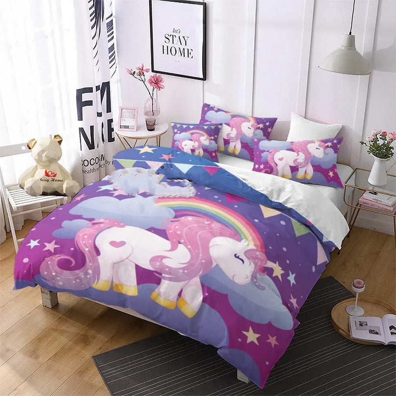 Regenbogen Einhorn Bettwäsche in Lila mit süßem Einhorn-Print für Mädchen, aus Polyester
