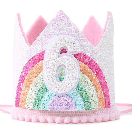 Regenbogen Einhorn Krone mit der Zahl 6 für Kindergeburtstag, aus weichem Vliesstoff, bunt und festlich