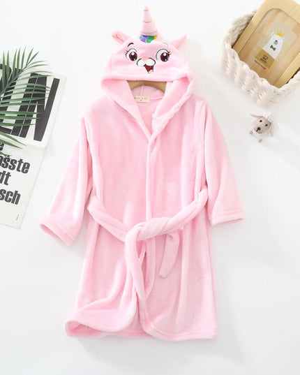 Hellblauer, flauschiger Einhorn Pyjama Bademantel für Kinder mit Kapuze und Cartoon-Einhorn-Motiv, aus Korallenfleece