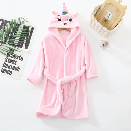 Hellblauer, flauschiger Einhorn Pyjama Bademantel für Kinder mit Kapuze und Cartoon-Einhorn-Motiv, aus Korallenfleece