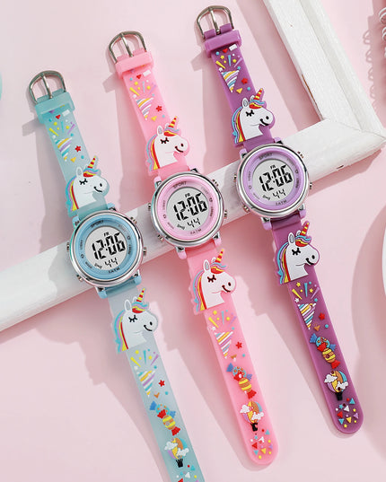 Digitale Einhorn Uhr mit LED-Bildschirm und pinkem Silikonband, ideal für Kinder und Einhorn-Liebhaber.