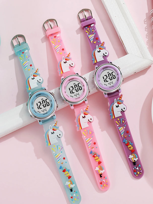 Digitale Einhorn Uhr mit LED-Bildschirm und pinkem Silikonband, ideal für Kinder und Einhorn-Liebhaber.