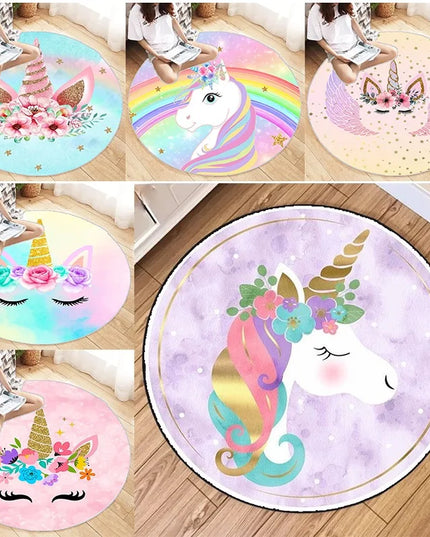 Runder Einhorn Sessel in Regenbogenfarben, ideal für Wohnzimmer oder Schlafzimmer, aus weichem Flannel-Polyester.