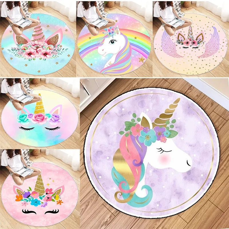 Runder Einhorn Sessel in Regenbogenfarben, ideal für Wohnzimmer oder Schlafzimmer, aus weichem Flannel-Polyester.