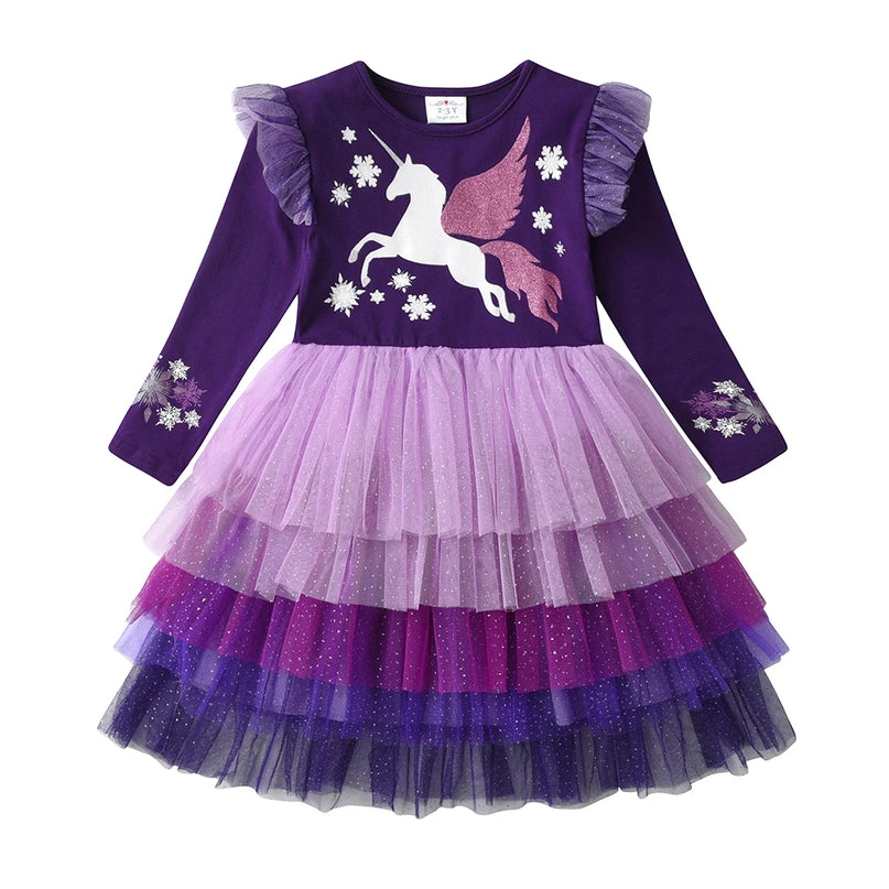 Einhorn Kostüm Winter Prinzessin Langarm Kleid für Mädchen aus Baumwolle mit Einhorn-Muster