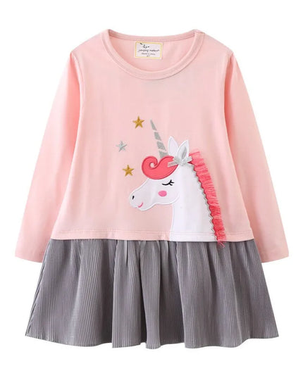 Kinder Einhorn Prinzessinnenkleid mit langen Ärmeln aus Baumwolle, ideal für Herbst und Frühling, mit Tier-Print.