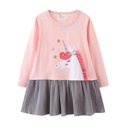 Kinder Einhorn Prinzessinnenkleid mit langen Ärmeln aus Baumwolle, ideal für Herbst und Frühling, mit Tier-Print.
