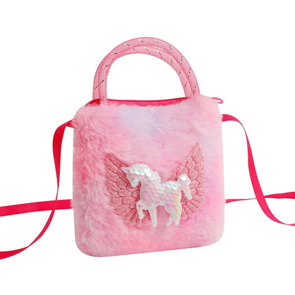 Rote Einhorn Umhängetasche für Kinder aus weichem Plüsch, mit Cartoon-Einhorn-Motiv und Reißverschluss