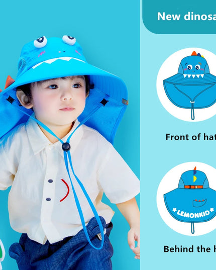 Faltbarer Sonnenhut für Kinder im Dinosaurier-Stil, der auch zur Einhorn Mütze Kollektion gehört, ideal für den Sommerurlaub.