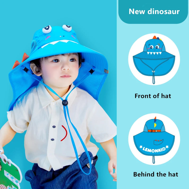 Faltbarer Sonnenhut für Kinder im Dinosaurier-Stil, der auch zur Einhorn Mütze Kollektion gehört, ideal für den Sommerurlaub.