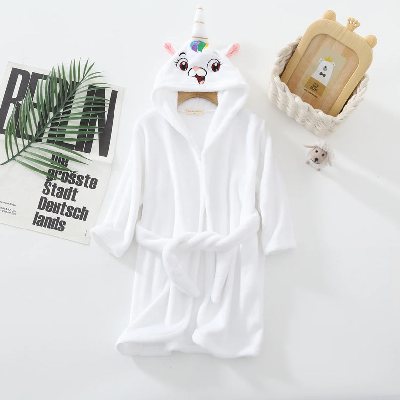 Grauer, flauschiger Einhorn Pyjama Bademantel für Mädchen und Jungen mit Kapuze und Cartoon-Einhorn-Motiv, aus Korallenfleece