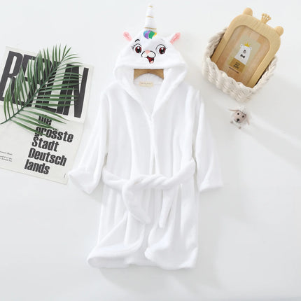 Grauer, flauschiger Einhorn Pyjama Bademantel für Mädchen und Jungen mit Kapuze und Cartoon-Einhorn-Motiv, aus Korallenfleece