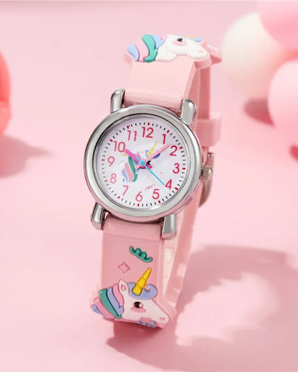 Süße Einhorn Uhr mit Cartoon-Muster und lila Silikonband für Kinder, mit arabischen Ziffern.