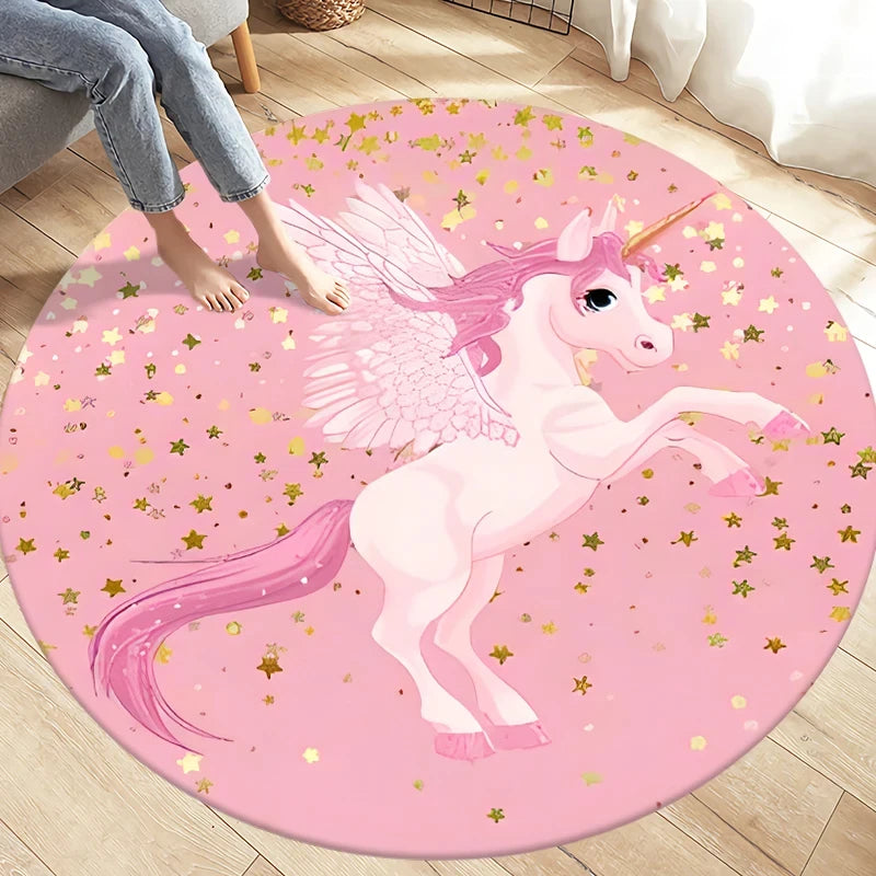 Runder Einhorn Teppich mit Glitzersternen und Cartoon-Motiv für Büro oder Mädchenzimmer, rutschfest