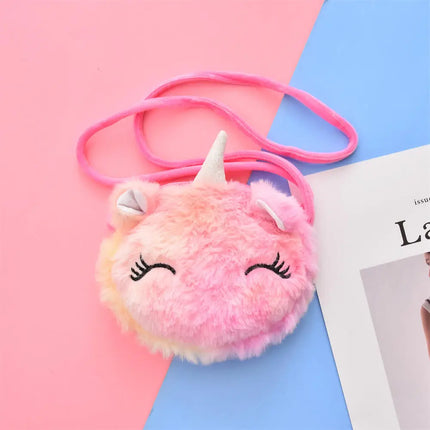 Bunte Einhorn Umhängetasche aus weichem Plüsch mit Reißverschluss, ideal als Geschenk und für den Alltag.