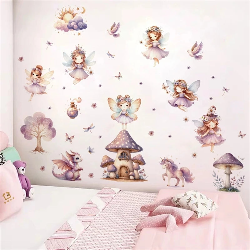 Niedliches Einhorn Wandtattoo mit Feenhaus, Pilzhaus und kleinen Drachen im Cartoon-Stil, aus PVC