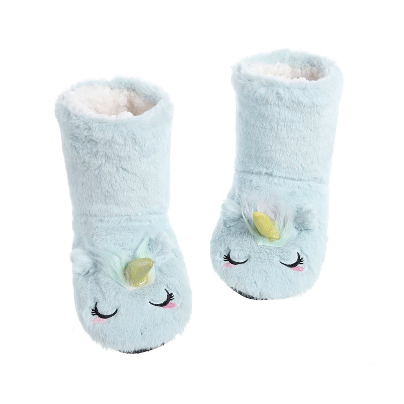 Türkise, flauschige Einhorn Socken für Damen mit goldenem Horn und süßem Gesicht, für den Winter