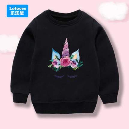 Schwarzer Einhorn Hoodie für Mädchen mit Cartoon-Einhorn-Print, Rundhalsausschnitt, aus Baumwoll-Polyester-Mix