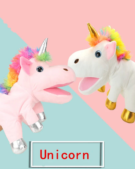 Weiße Einhorn Handpuppe aus Plüsch mit beweglichem Mund, bereit für interaktive Spiele und Geschichtenerzählen