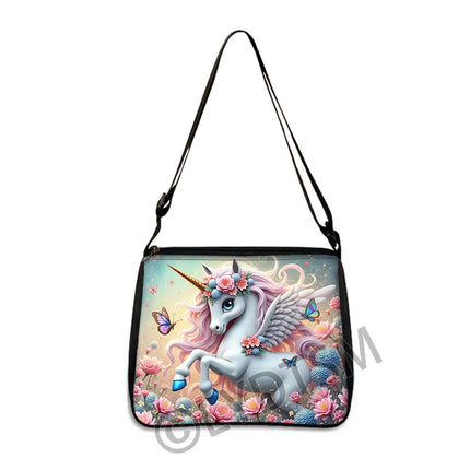 Einhorn Umhängetasche mit verträumtem Einhorn und Blumenmuster, groß, aus weichem Polyester für einen magischen Look