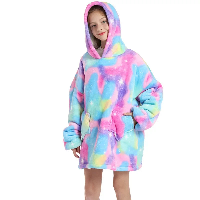 Kind im flauschigen Einhorn Decke Bademantel aus Fleece mit Kapuze und Horn, Modell R-07