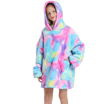 Kind im flauschigen Einhorn Decke Bademantel aus Fleece mit Kapuze und Horn, Modell R-07