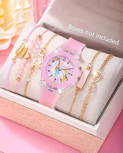 Einhorn Armband Uhr Set mit leuchtender Quarz-Uhr und Feder-Armband aus Silikon für Kinder