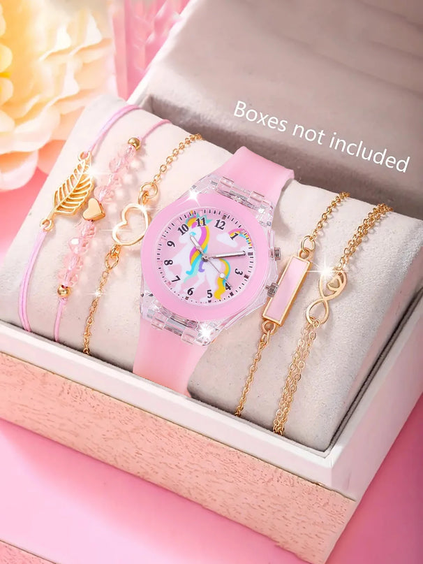 Einhorn Armband Uhr Set mit leuchtender Quarz-Uhr und Feder-Armband aus Silikon für Kinder