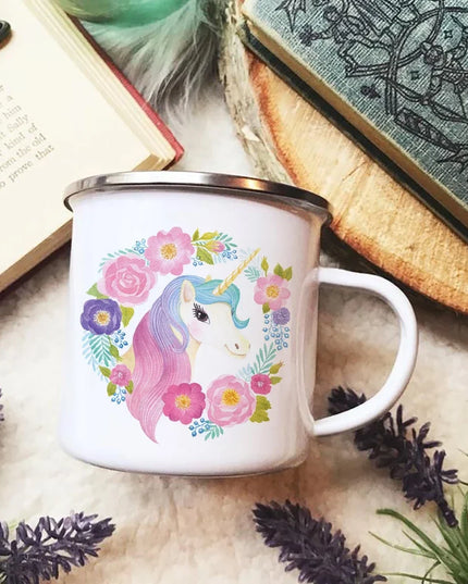 Pinke Emaille Einhorn Tasse mit einem niedlichen Cartoon-Einhorn für Camping und Reisen
