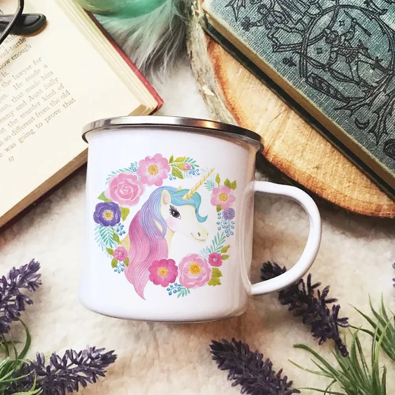 Pinke Emaille Einhorn Tasse mit einem niedlichen Cartoon-Einhorn für Camping und Reisen