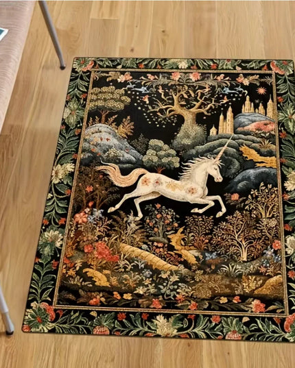 Einhorn Teppich im mittelalterlichen Tapisserie-Stil mit floralem Blumenmuster, weich und pflegeleicht