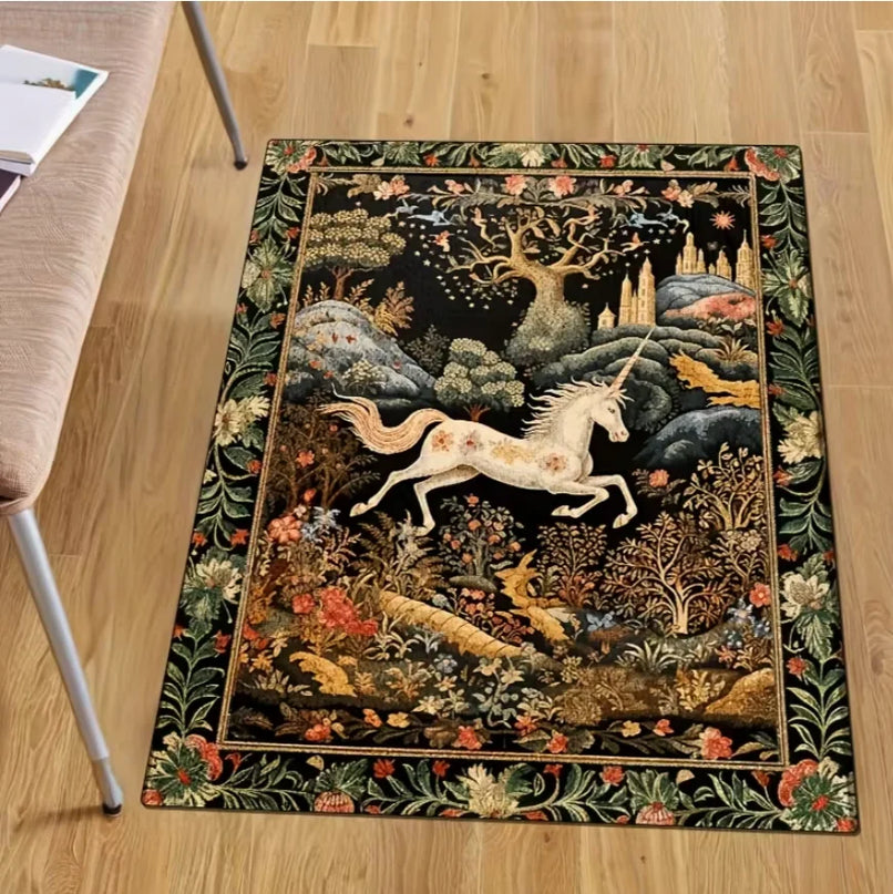 Einhorn Teppich im mittelalterlichen Tapisserie-Stil mit floralem Blumenmuster, weich und pflegeleicht